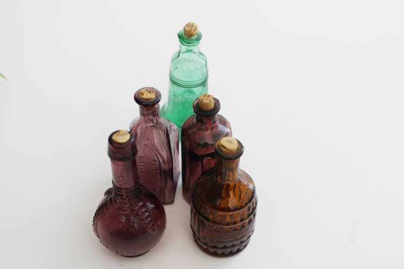 photo of vintage Wheaton style mini bottles, antique decanter reproductions colored glass bottles #6