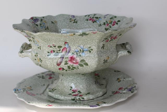 photo of vintage Whieldon Ware pheasant bird chintz china, huge compote & plate Winkle Wessex #1