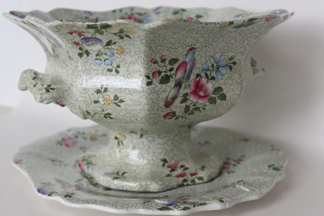 photo of vintage Whieldon Ware pheasant bird chintz china, huge compote & plate Winkle Wessex #3