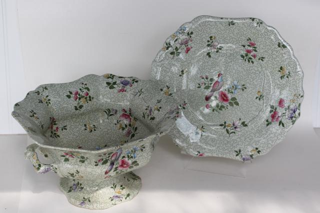 photo of vintage Whieldon Ware pheasant bird chintz china, huge compote & plate Winkle Wessex #9