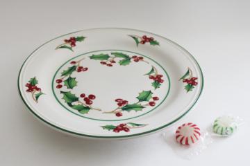 catalog photo of vintage White Christmas holly pattern candy dish / tiny cake tray pedestal plate