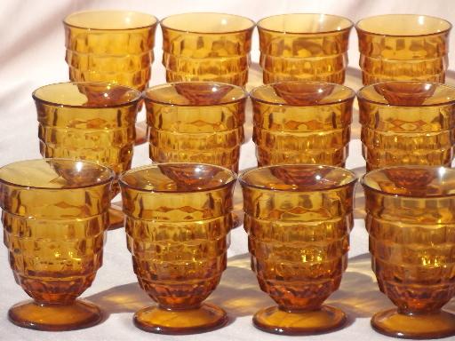 photo of vintage Whitehall Indiana amber glass cube pattern glasses, footed tumblers set #1