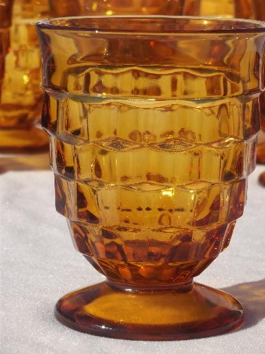 photo of vintage Whitehall Indiana amber glass cube pattern glasses, footed tumblers set #2