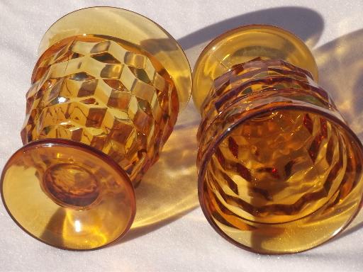 photo of vintage Whitehall Indiana amber glass cube pattern glasses, footed tumblers set #3