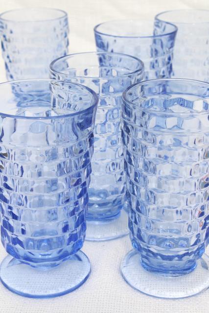 photo of vintage Whitehall cube pattern footed tumblers, pale sapphire blue glass drinking glasses #1