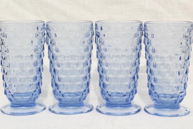 photo of vintage Whitehall cube pattern footed tumblers, pale sapphire blue glass drinking glasses #2