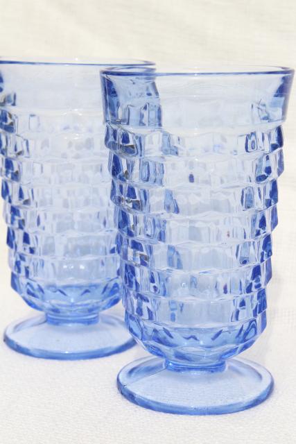 photo of vintage Whitehall cube pattern footed tumblers, pale sapphire blue glass drinking glasses #5