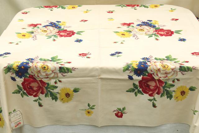 photo of vintage Wilendur Wilendure label printed cotton kitchen tablecloth, French flowers print #4