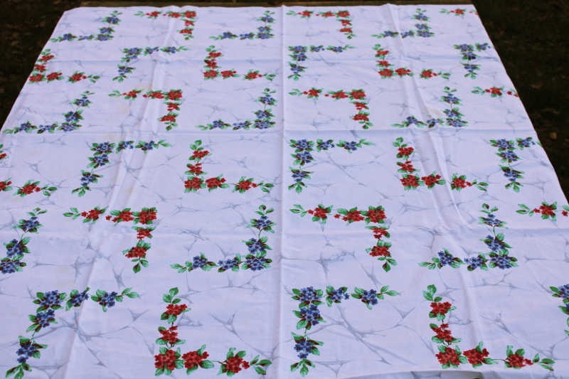 photo of vintage Wilendur print cotton tablecloth, flower lattice red & blue floral  #1