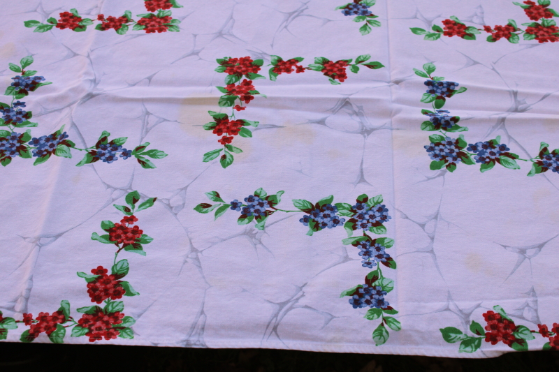 photo of vintage Wilendur print cotton tablecloth, flower lattice red & blue floral  #2