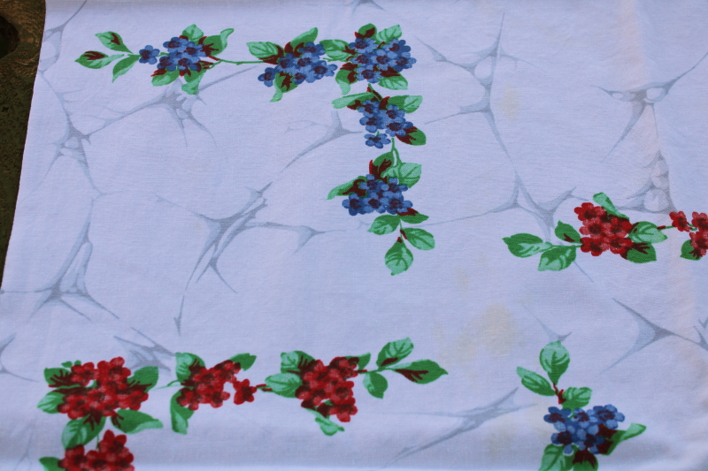 photo of vintage Wilendur print cotton tablecloth, flower lattice red & blue floral  #5