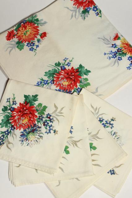 photo of vintage Wilendure printed cotton kitchen table cloth & napkins set, 1940s flower print #1