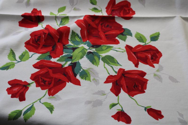 photo of vintage Wilendure printed cotton tablecloth & matching napkins, red roses print #5