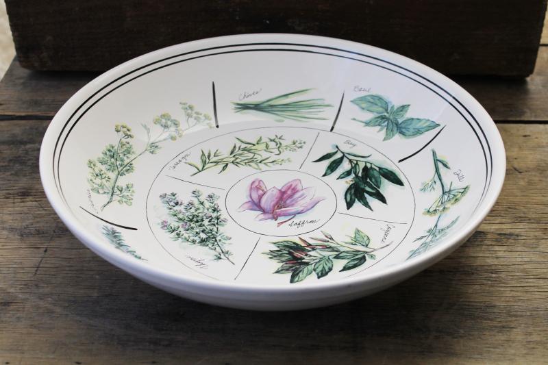 photo of vintage Williams Sonoma ceramic pasta bowl, Portugal pottery culinary herbs pattern #1