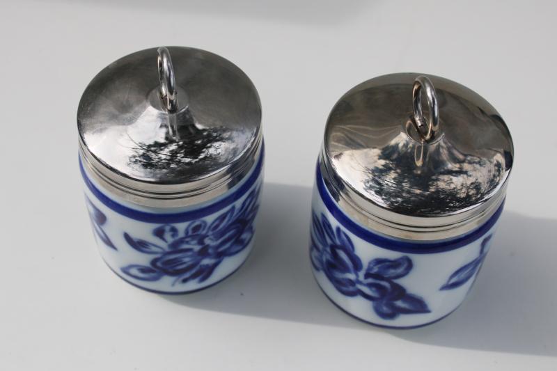 photo of vintage Williams Sonoma cobalt blue & white china egg coddlers w/ metal lids #2