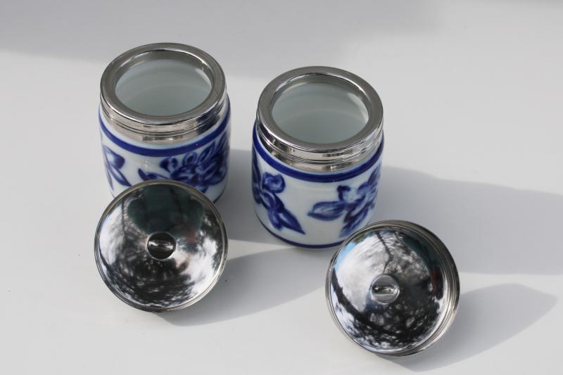 photo of vintage Williams Sonoma cobalt blue & white china egg coddlers w/ metal lids #3