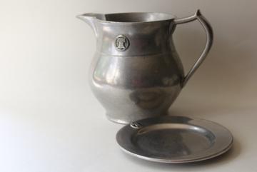 catalog photo of vintage Wilton Armetale Golden Plough Tavern pewter pitcher & coaster w/ Liberty Bell