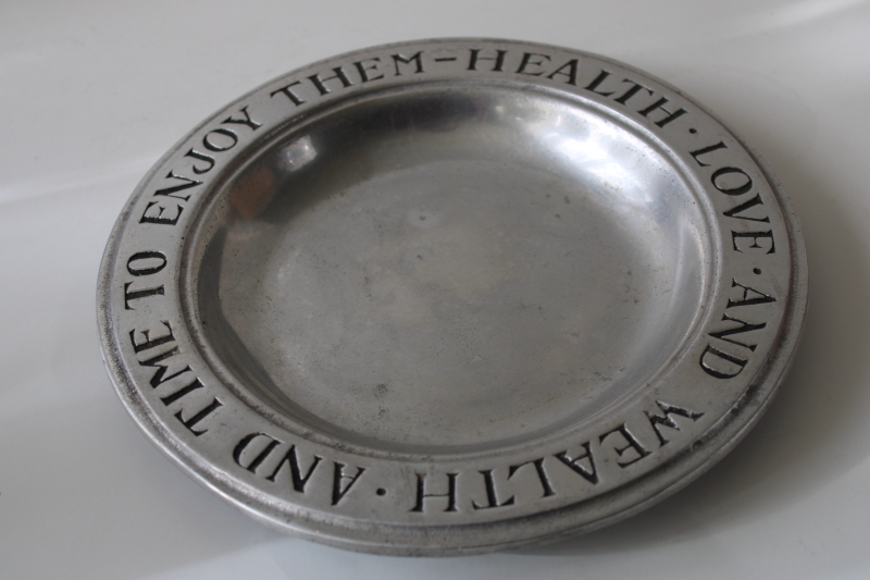 photo of vintage Wilton Armetale RWP mark cast metal pewter plate, Health, Love & Wealth #1