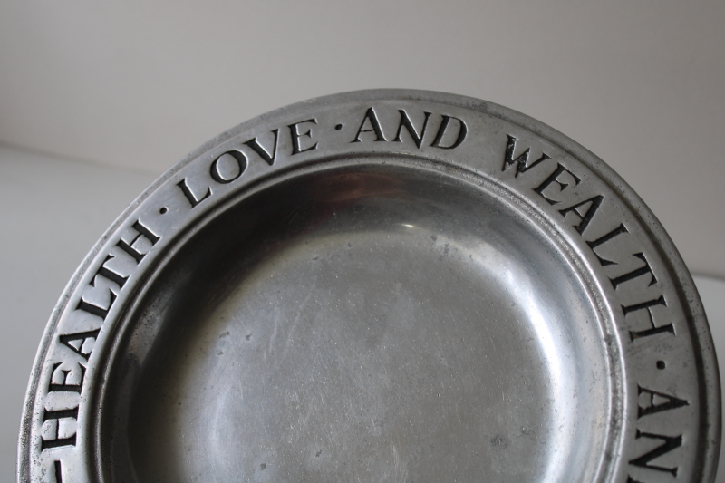 photo of vintage Wilton Armetale RWP mark cast metal pewter plate, Health, Love & Wealth #2