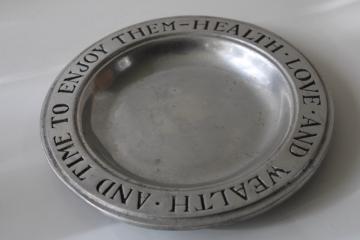 catalog photo of vintage Wilton Armetale RWP mark cast metal pewter plate, Health, Love & Wealth