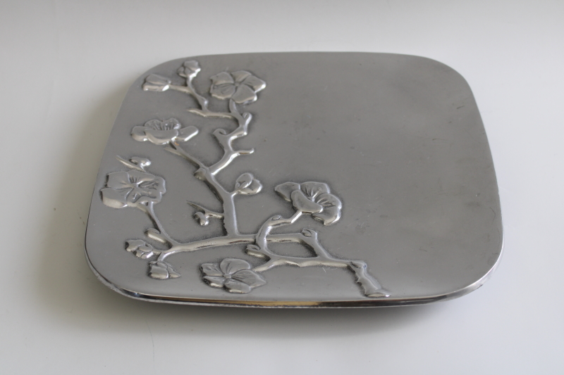 photo of vintage Wilton Armetale pewter cast metal cherry blossom square tray or plate  #1