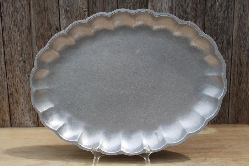 photo of vintage Wilton Armetale pewter tray w/ scalloped melon shape, huge oval platter #1