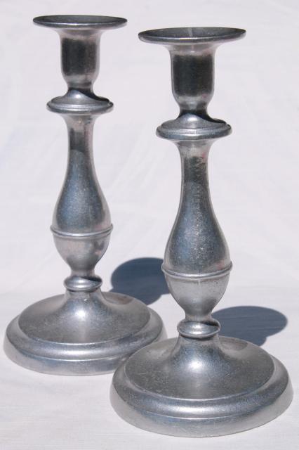 photo of vintage Wilton Armetale tall pewter candlesticks, RWP mark candle holders #1