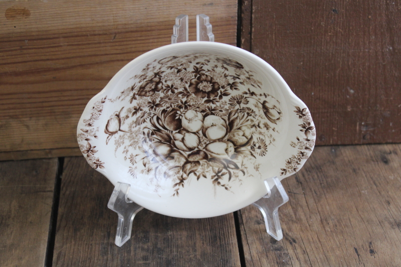 photo of vintage Windsor Ware Johnson Bros Dover floral pattern brown transferware china, lug handle bowl #1