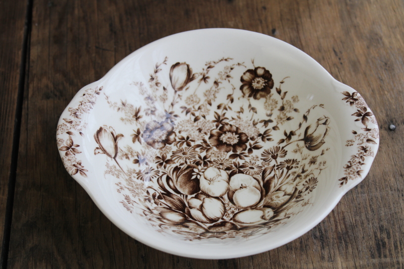 photo of vintage Windsor Ware Johnson Bros Dover floral pattern brown transferware china, lug handle bowl #2