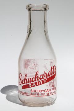 catalog photo of vintage Wisconsin milk bottle - freshest milk is the best, Schuchardt's dairy Sheboygan