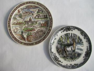 catalog photo of vintage Wisconsin north woods souvenir transferware china plates