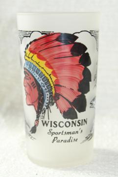 catalog photo of vintage Wisconsin souvenir hunting fishing sportsman camp drinking glass w/ Indian chief