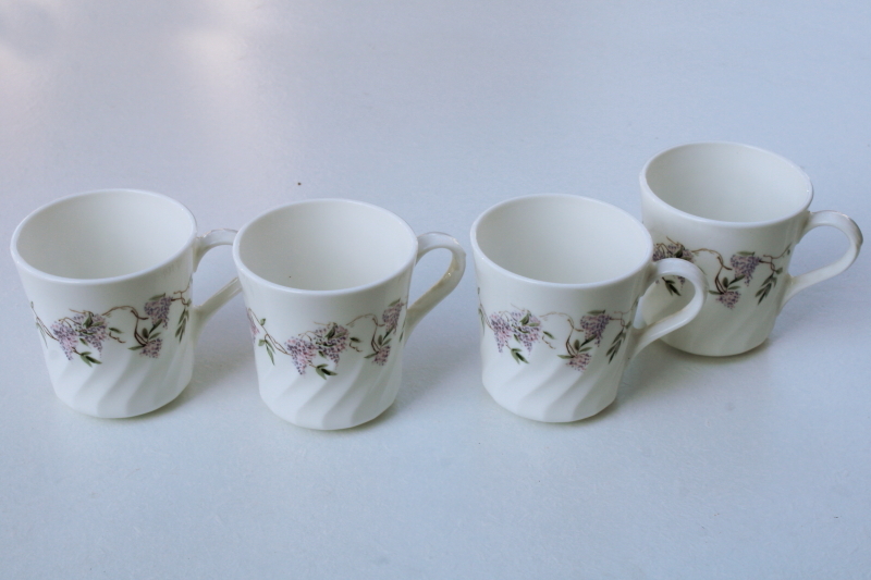 photo of vintage Wisteria Corning Corelle flat cups or mugs set of four, lavender floral print #1