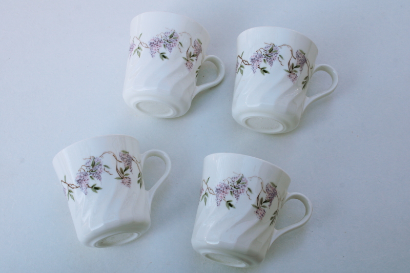 photo of vintage Wisteria Corning Corelle flat cups or mugs set of four, lavender floral print #3