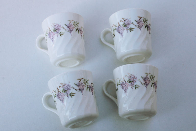 photo of vintage Wisteria Corning Corelle flat cups or mugs set of four, lavender floral print #5