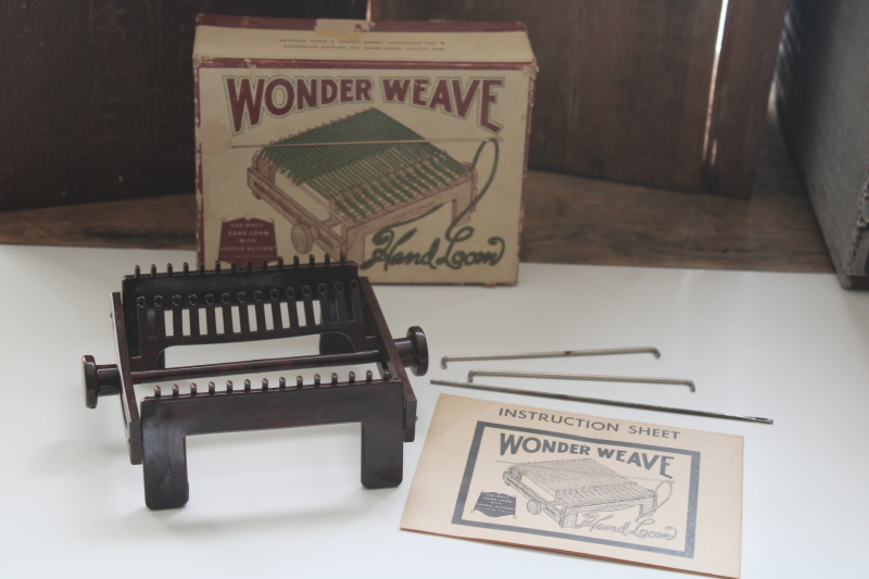 photo of vintage Wonder Weave loom for making 4 by 4 squares, brown bakelite weaving loom w/ instructions #1