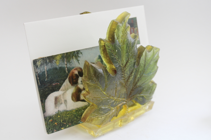 photo of vintage Wondermold lucite resin plastic napkin holder, green & yellow leaf #5