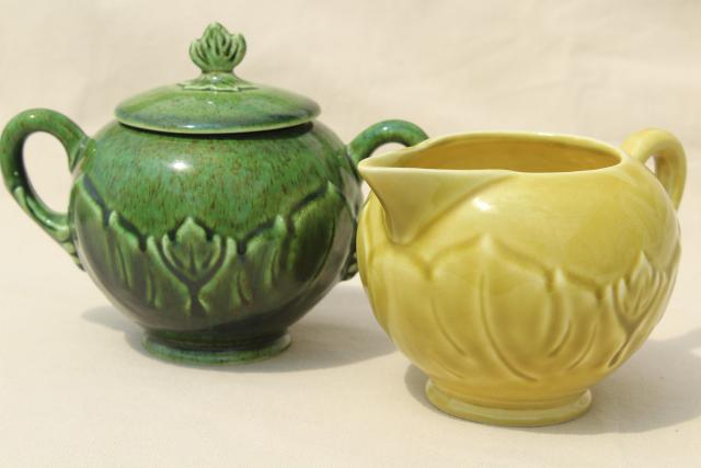 photo of vintage Woodfield leaf pattern Steubenville china cream & sugar chartreuse golden & dark green #1