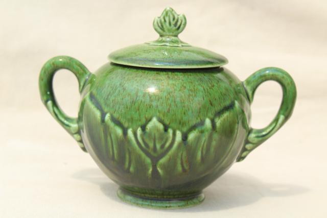 photo of vintage Woodfield leaf pattern Steubenville china cream & sugar chartreuse golden & dark green #2