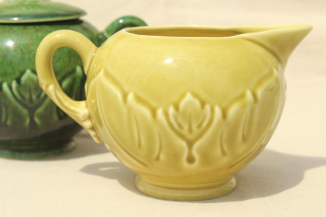 photo of vintage Woodfield leaf pattern Steubenville china cream & sugar chartreuse golden & dark green #3