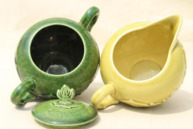 photo of vintage Woodfield leaf pattern Steubenville china cream & sugar chartreuse golden & dark green #4