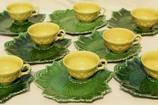 photo of vintage Woodfield leaf pattern Steubenville china tea & toast cups & snack plates, shades of green #1