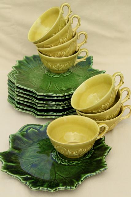 photo of vintage Woodfield leaf pattern Steubenville china tea & toast cups & snack plates, shades of green #2