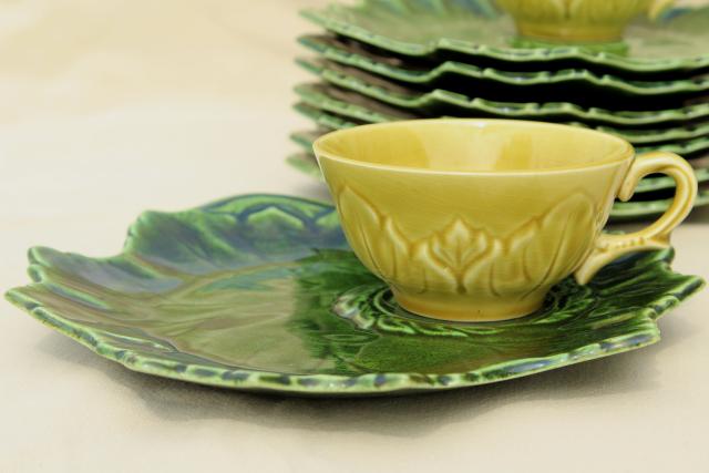 photo of vintage Woodfield leaf pattern Steubenville china tea & toast cups & snack plates, shades of green #3