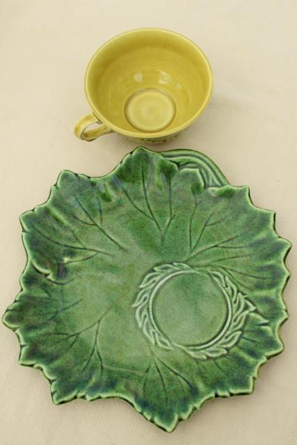 photo of vintage Woodfield leaf pattern Steubenville china tea & toast cups & snack plates, shades of green #4