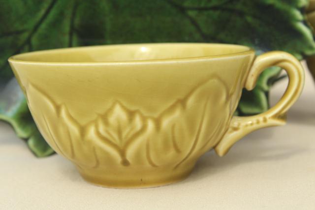 photo of vintage Woodfield leaf pattern Steubenville china tea & toast cups & snack plates, shades of green #6