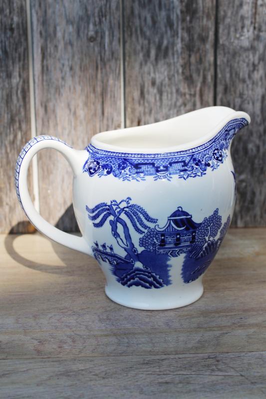 photo of vintage Woods Ware England blue willow china pitcher, large milk jug #2