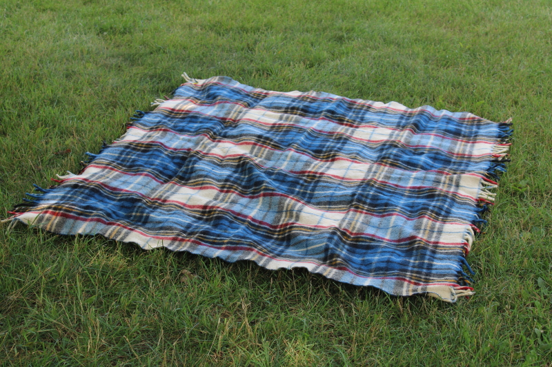 photo of vintage Wool O The West woven plaid camp blanket, all wool fringed throw blue red white tartan #1