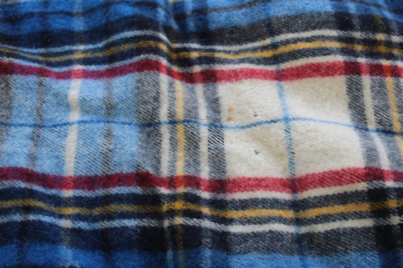 photo of vintage Wool O The West woven plaid camp blanket, all wool fringed throw blue red white tartan #2