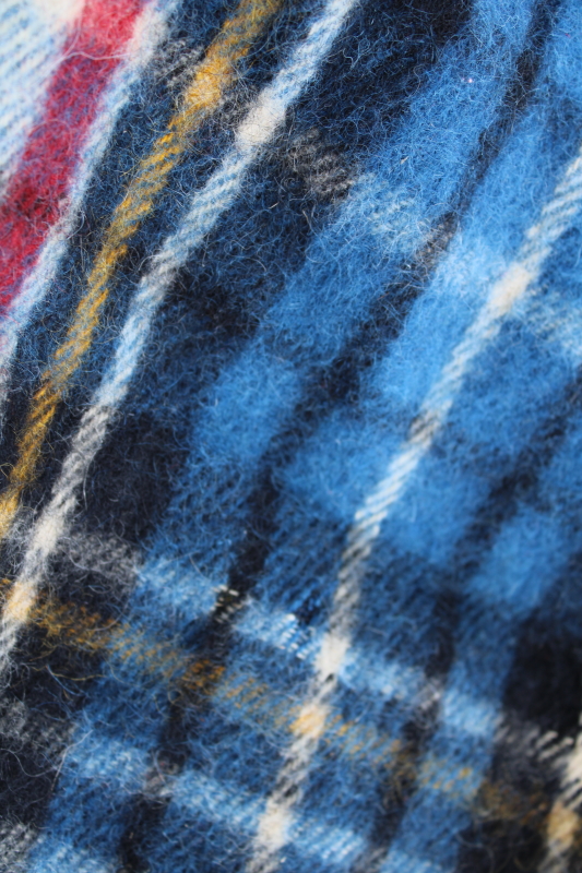 photo of vintage Wool O The West woven plaid camp blanket, all wool fringed throw blue red white tartan #4